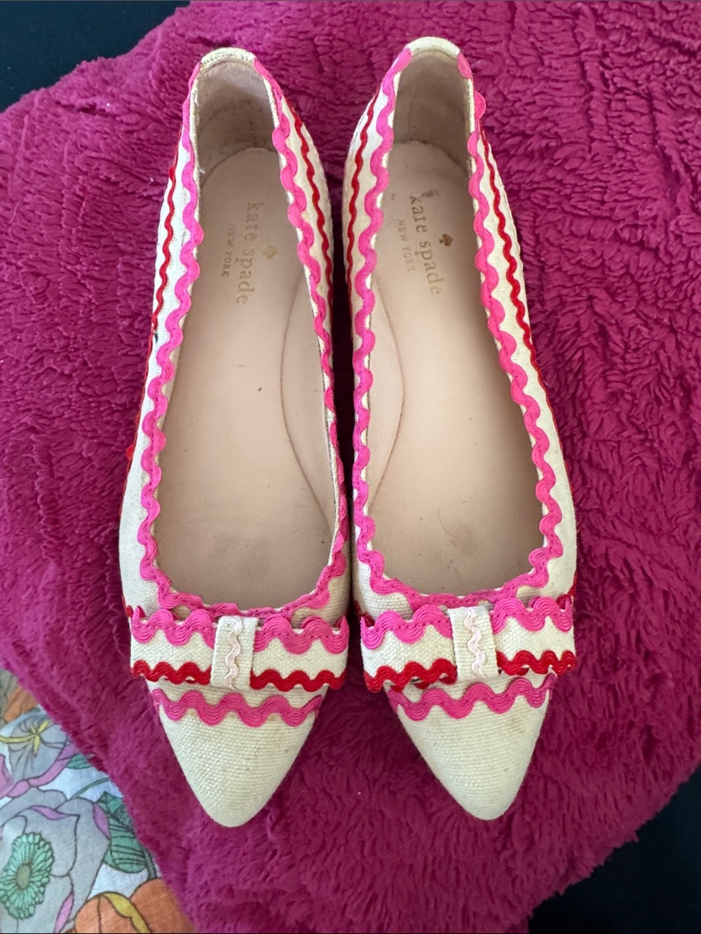 kate spade Cream Pointed-Toe Flats with Pink & Red Trim